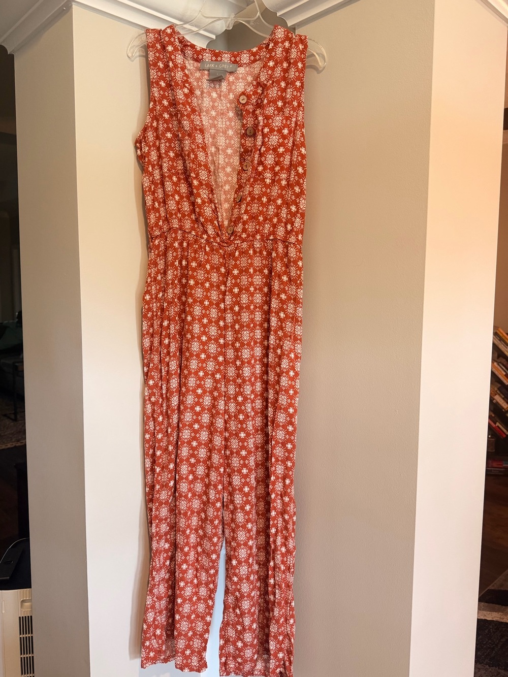 Lark + Grey Sleeveless Wide-Leg Jumpsuit in Rust Orange Tile Print